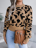 MQTIME  -  Leopard Round Neck Dropped Shoulder Sweater