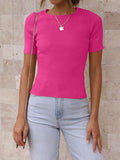 MQTIME  -   Ribbed Round Neck Short Sleeve Knit Top