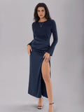 MQTIME  -  Split Round Neck Long Sleeve Midi Dress