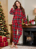 MQTIME  -  Plaid Collared Neck Long Sleeve Top and Pants Lounge Set