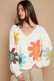 MQTIME  -   POL V-Neck Long Sleeve Flower Fringe Sweater