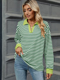 MQTIME  -  Striped Johnny Collar Long Sleeve Sweatshirt