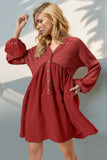 MQTIME  -  Double Take Waffle-Knit Contrast Half Button V-Neck Long Sleeve Mini Dress