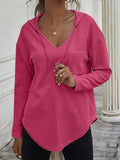 MQTIME  -  Drawstring Waffle Knit Long Sleeve Hooded Top