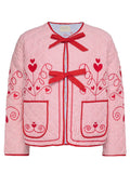 MQTIME  -  Embroidered Tied Striped Round Neck Coat
