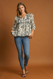 MQTIME  -  Umgee Ruffled Tie Neck Puff Sleeve Babydoll Blouse