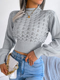 MQTIME  -  Openwork Mock Neck Long Sleeve Cropped Sweater