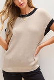 MQTIME  -  Contrast Trim Round Neck Cap Sleeve Knit Top