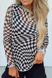 MQTIME  -  Checkered Mock Neck Long Sleeve Blouse