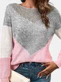 MQTIME  -  Openwork Contrast Round Neck Long Sleeve Knit Top