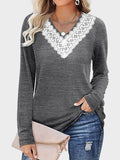 MQTIME  -  Lace Detail V-Neck Long Sleeve T-Shirt