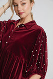 MQTIME  -  Umgee Pearl Detail Collared Neck Velvet Babydoll Blouse