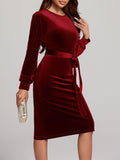 MQTIME  -  Round Neck Tie Waist Long Sleeve Velvet Dress