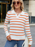 MQTIME  -  Striped Johnny Collar Long Sleeve Sweater