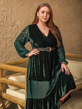 MQTIME  -  Plus Size Lace Patchwork V-Neck Balloon Sleeve Midi Dress