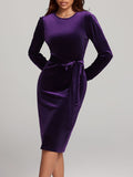 MQTIME  -  Round Neck Tie Waist Long Sleeve Velvet Dress