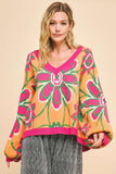 MQTIME  -   Floral Contrast V-Neck Dropped Shoulder Sweater