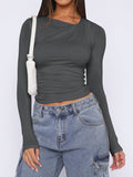 MQTIME  -  Ruched Asymmetrical Neck Long Sleeve T-Shirt