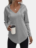 MQTIME  -  Drawstring Waffle Knit Long Sleeve Hooded Top