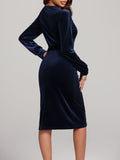 MQTIME  -  Round Neck Tie Waist Long Sleeve Velvet Dress