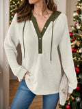 MQTIME  -  Full Size Waffle-Knit Contrast Long Sleeve Hoodie