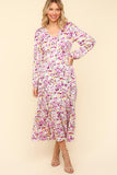 MQTIME  -  Haptics Full Size Floral V-Neck Long Sleeve Dress with Side Pockets