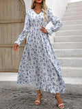 MQTIME  -  Smocked Printed V-Neck Flounce Sleeve Dress