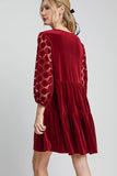 MQTIME  -  Dotted Lace Sleeve Tiered Velvet Mini Dress