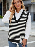 MQTIME  -  Slit V-Neck Striped Sweater Vest