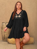 MQTIME  -  Plus Size Embroidered Tie Neck Long Sleeve Mini Dress