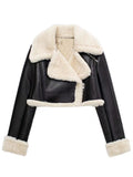 MQTIME  -   Collared Neck Long Sleeve Plush Cropped Jacket