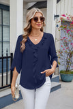 MQTIME  -  Ruffled V-Neck Three-Quarter Sleeve Blouse