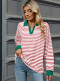 MQTIME  -  Striped Johnny Collar Long Sleeve Sweatshirt