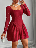 BaMQTIME  -  ckless Glitter Square Neck Long Sleeve Mini Dress