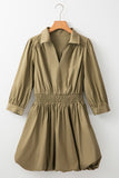 MQTIME  -  Smocked Johnny Collar Three-Quarter Sleeve Mini Dress