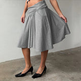  MQTIME  -  Women Elegant Grey Midi Skirt High Waist Elastic Waistband A-Line Pleated Flowy Pockets Skirts Casual Solid Soft Stretch Fabric