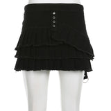  MQTIME  -  Women's Gothic Harajuku  Lace Up A-Line Ruffle Denim Skirt Black Asymmetric Layered Pleated Mini Skirt Y2K Punk Style Streetwear