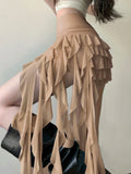 MQTIME  -  Women's Ruffle Asymmetrical Mesh Skirt Elegant Low Waist Tiered Layer Ribbon Mini Skirt Ladies Summer Bottoms Y2k Downtown Girl