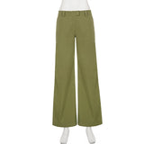  MQTIME  -  Women Mid Waist Wide Leg Pants Olive Green Cargo Style Loose Straight Leg Trousers Casual Streetwear Fashion Long Pants New