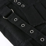  MQTIME  -  Women's Gothic Harajuku  Lace Up A-Line Ruffle Denim Skirt Black Asymmetric Layered Pleated Mini Skirt Y2K Punk Style Streetwear