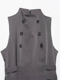  MQTIME  -  French Vintage Double Breasted Vest Women Elegant High Neck Sleeveless Jacket Chic Khaki Grey Slim Waistcoat Office Lady Tops 20