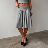  MQTIME  -  Women Elegant Grey Midi Skirt High Waist Elastic Waistband A-Line Pleated Flowy Pockets Skirts Casual Solid Soft Stretch Fabric