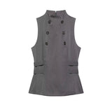  MQTIME  -  French Vintage Double Breasted Vest Women Elegant High Neck Sleeveless Jacket Chic Khaki Grey Slim Waistcoat Office Lady Tops 20