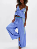 MQTIME  -  Women's Solid Satin Pajama Set V-Neck Lace Cami Top Elastic Waistband Lace Trim Pants Women's Sleepwear Loungewear
