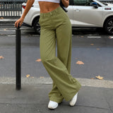  MQTIME  -  Women Mid Waist Wide Leg Pants Olive Green Cargo Style Loose Straight Leg Trousers Casual Streetwear Fashion Long Pants New