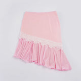  MQTIME  -  Women Pink Mesh Patchwork Midi Skirt Lace Trim Asymmetrical Hem Low Waist Elegant A Line Flowing Summer Beach Party Skirt Ladies