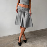  MQTIME  -  Women Elegant Grey Midi Skirt High Waist Elastic Waistband A-Line Pleated Flowy Pockets Skirts Casual Solid Soft Stretch Fabric