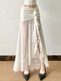 MQTIME  -  Vacation Mesh See Through Long Skirts Sexy Summer Ruffle Split Pleated Wrap Skirt Elegant Fashion Women's Clothing 2025