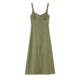  MQTIME  -  Women Polka Dot Cami Dress Summer Vintage Green Slip Midi Dresses French Style Button Up Split Elegant Beach Long Sun Dress