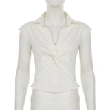 MQTIME  -  Women's Twist Design Sleeveless Crop Top with Side Zipper Turn-down Collar Blouse White Shirts Y2K Style Summer Fashion